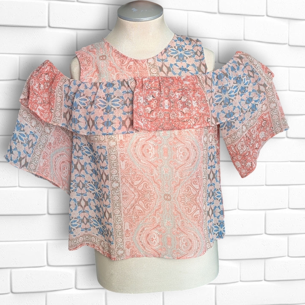 BCBGMaxAzria Coral and Blue Floral Off The Shoulder Top
